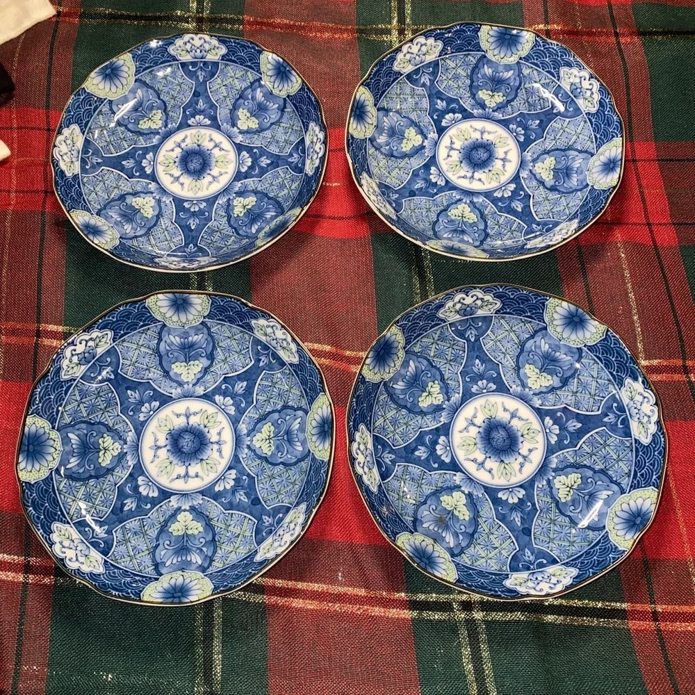 4 Hijiri Gama Vintage Japanese Plate‎ Signed Blue White & Green 6.5